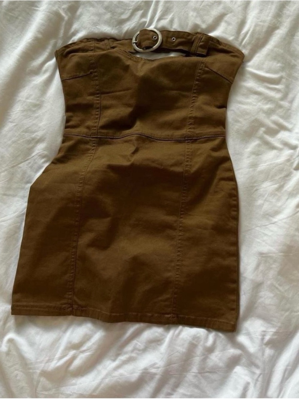 PrettyLittleThing Brown Strapless Mini Dress with Buckle Belt